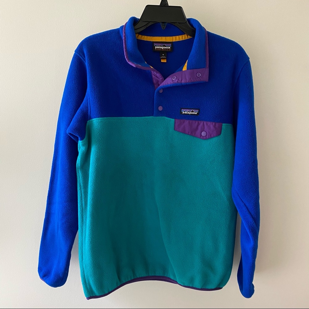Patagonia Women’s Synchilla Snap-T Pullover. Blue, Turquoise and Purple, Medium